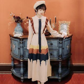 Long-sleeve Color Block Maxi A-line Dress