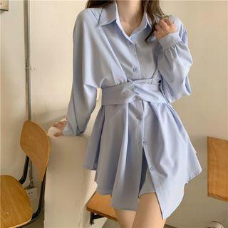 Set : Strappy Long-sleeve Shirt + High-waist Wide-leg Shorts