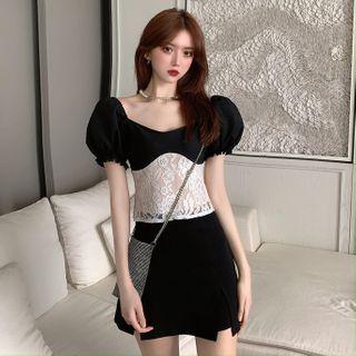 Balloon-sleeve Lace Panel Blouse / Asymmetric A-line Skirt
