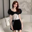 Balloon-sleeve Lace Panel Blouse / Asymmetric A-line Skirt