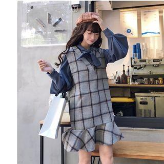 Bow Neck Shirt / Plaid Sleeveless Dress