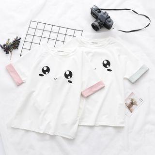 Short-sleeve Contrast-trim Cartoon Print T-shirt