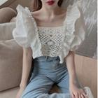 Puff-sleeve Frill Trim Lace Panel Crop Top