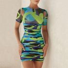 Short-sleeve Cutout Camouflage Print Mini Bodycon Dress