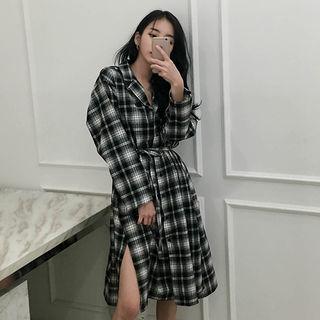 Long-sleeve Plaid Long Shirtdress With Sash