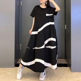 Short-sleeve Print Panel Midi A-line Dress