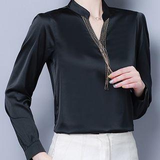 Long-sleeve Fringed Satin Blouse