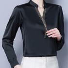 Long-sleeve Fringed Satin Blouse