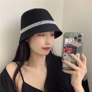 Faux Pearl Straw Bucket Hat Black - One Size