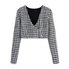 Long-sleeve Houndstooth Cropped Blouse