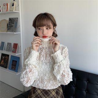 Mock-neck Lace Top Beige Almond - One Size
