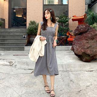 Sleeveless Smocked Gingham Long Dress