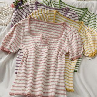 Slim-fit Puff-sleeve Striped Knit Top In 6 Colors