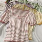 Slim-fit Puff-sleeve Striped Knit Top In 6 Colors