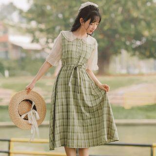 Short-sleeve Layered Collar Plaid Tie-neck Midi A-line Dress