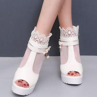 Lace Panel Peep Toe Short Boots