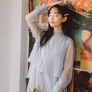 Long-sleeve Dotted Tiered Mesh Dress