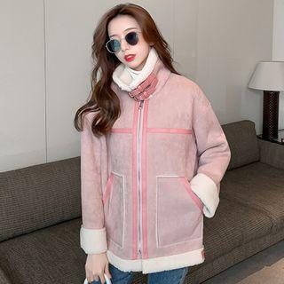 High-neck Faux Fleece Panel Faux Leather Jacket