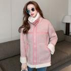 High-neck Faux Fleece Panel Faux Leather Jacket