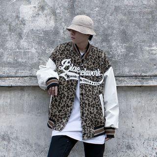 Lettering Embroidered Leopard Print Fluffy Baseball Jacket