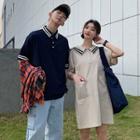 Couple Matching Elbow-sleeve Placket T-shirt / Mini Polo Shirt Dress