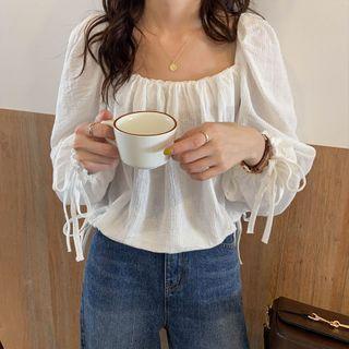 Square-neck Long-sleeve Ruched Cropped Top Off-white - One Size