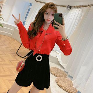 Tie-neck Blouse / Rhinestone Buckled Shorts