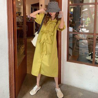 Puff-sleeve Bow Accent Midi Shirt Dress