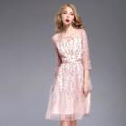 3/4-sleeve Embroidery Embellished Dress