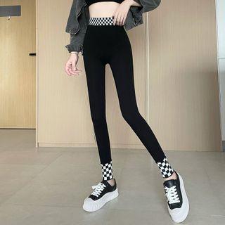 Checkered Panel Cropped Leggings Black - One Size