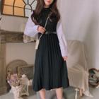 Belted Balloon-sleeve Midi Knit Dress As Shown In Figure - One Size