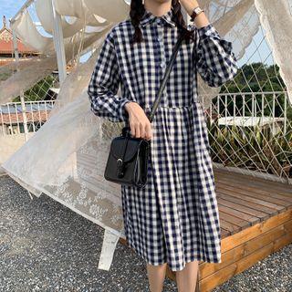 Long-sleeve Plaid Midi A-line Shirt Dress Dark Blue - One Size