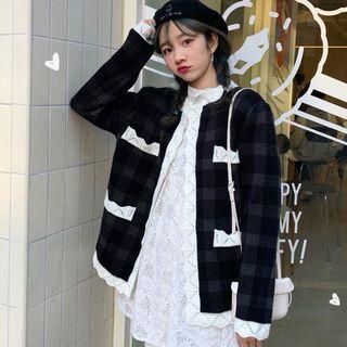 Scallop Trim Plaid Cardigan As Shown In Figure - One Size