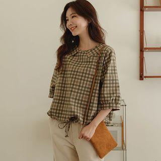 Drawstring-hem Plaid Blouse