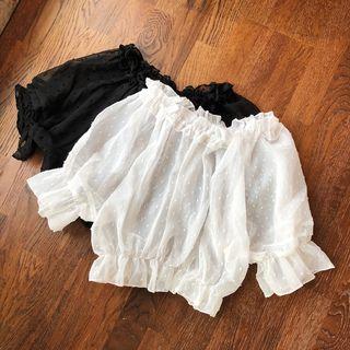Elbow-sleeve Dotted Ruffled Mesh Top