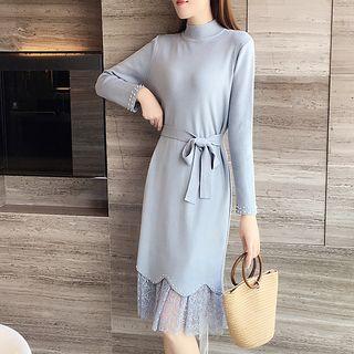 Set: Long-sleeve Knit Dress + Lace Skirt
