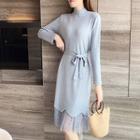 Set: Long-sleeve Knit Dress + Lace Skirt