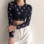 Set: Long-sleeve Printed Mesh Cropped T-shirt + Bralette