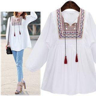 Tasseled Patterned Yoke Long-sleeve Blouse