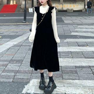 Long-sleeve Mock-neck Plain Top / Velvet Sleeveless Dress