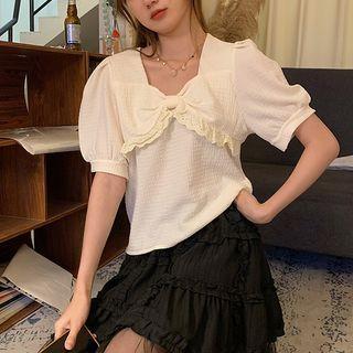 Short-sleeve Bow Blouse Almond - One Size