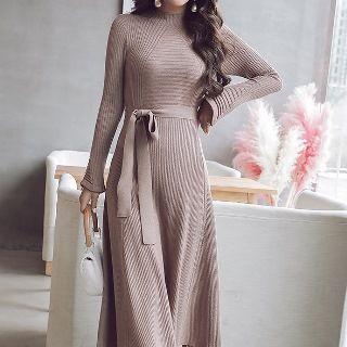 Plain Knit Midi Dress With Belt
