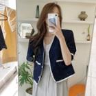 Contrast Trim Short-sleeve Button-up Cropped Jacket Navy Blue - One Size