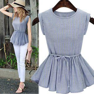 Tie-waist Ruffle Striped Top