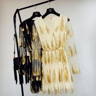 Feather Embroidered Long-sleeve Dress