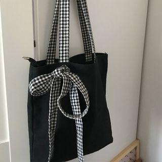 Bow Accent Canvas Tote Bag Black - One Size
