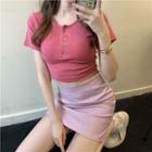Short-sleeve Henley Top / Gingham Mini Pencil Skirt