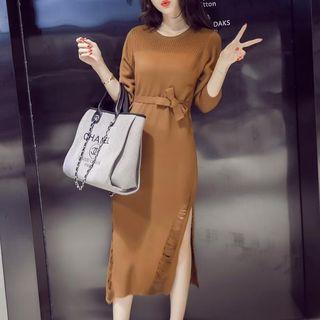 Distressed Tie-waist 3/4-sleeve Midi Knit Dress