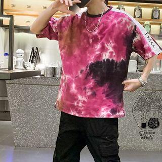 Elbow-sleeve Contrast Trim Tie Dye T-shirt