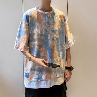 Mock Two-piece Dye Print Elbow-sleeve T-shirt